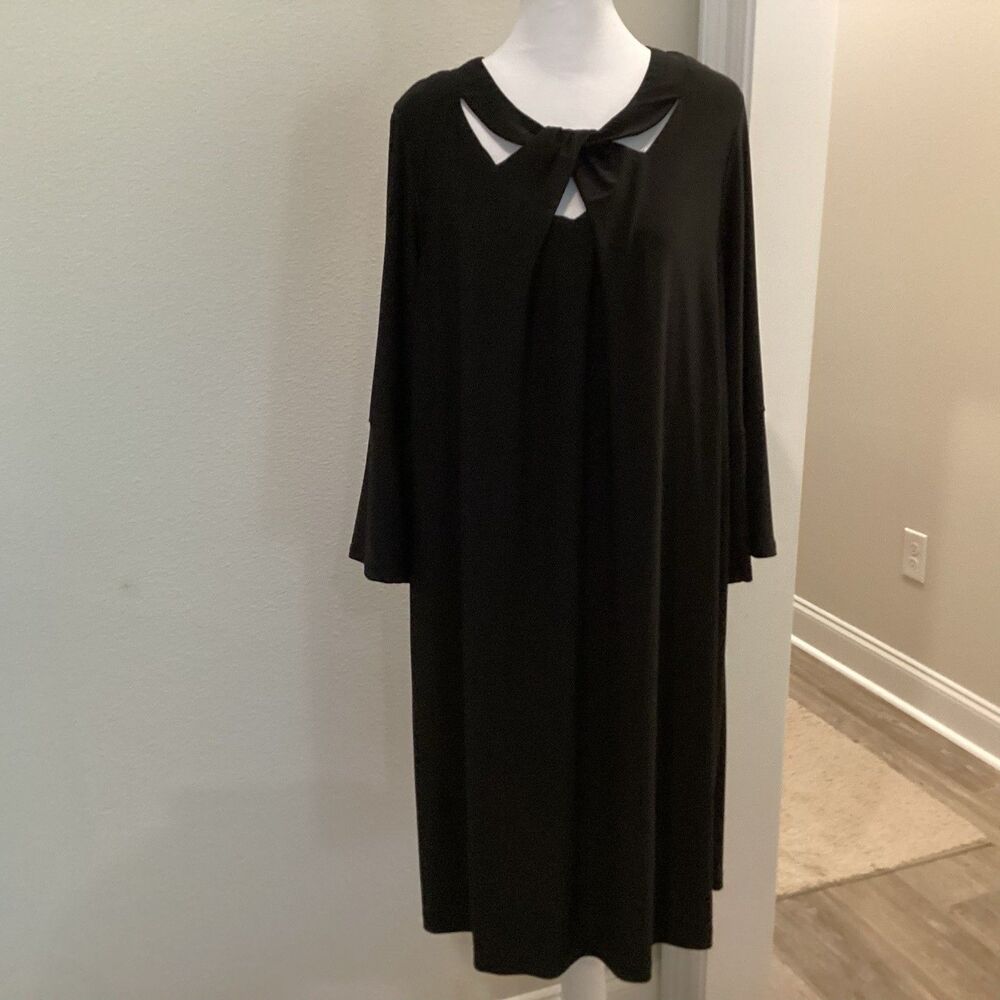 Ellen Weaver Black Midi Dress Womens 1XL Stretch Knit Long Bell Sleeve - Picture 2 of 9